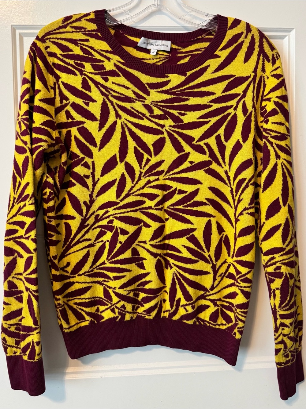 Jonathan Saunders Yellow Burgundy Graphic Leaf Print Sweater Medium Crewneck